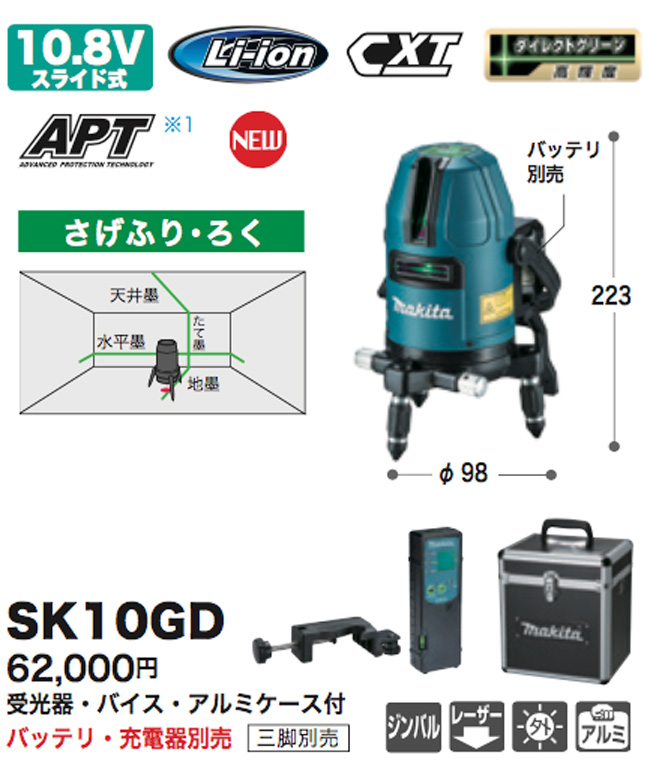 マキタ SK10GD 10.8V充電式 ダイレクトグリーンレーザー墨出し器 さげ ...