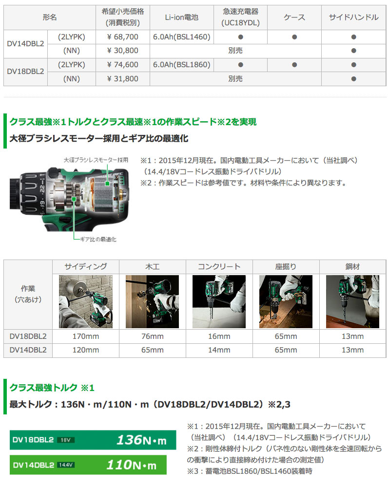 HiKOKI 充電式振動ドライバドリル DV14DBL2 (2LYPK) 14.4v/6.0Ah