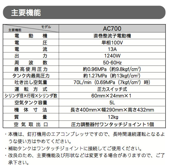 マキタ エアコンプレッサー AC700 （50Hz/60Hz共用・一般圧