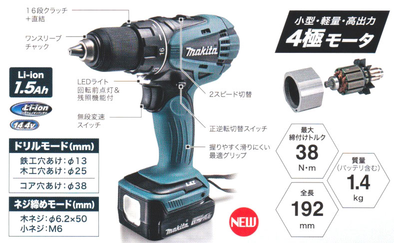 白木/黒塗り マキタ マキタ[makita] 14.4V-1.5Ah 充電式ドライバドリル