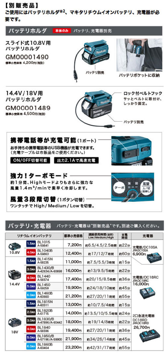 マキタ ファンジャケット用 10.8Vスライドバッテリ・充電器