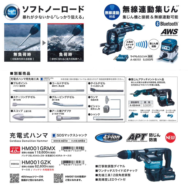 マキタ 充電式ハンマ HM001GZK 40Vmax対応 ケース付 SDSマックスシャンク makita 本体