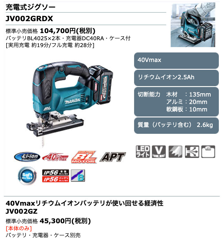 タナカ金物プロ-マキタ JV002GRDX 充電式ジグソー 40Vmax/2.5Ah 