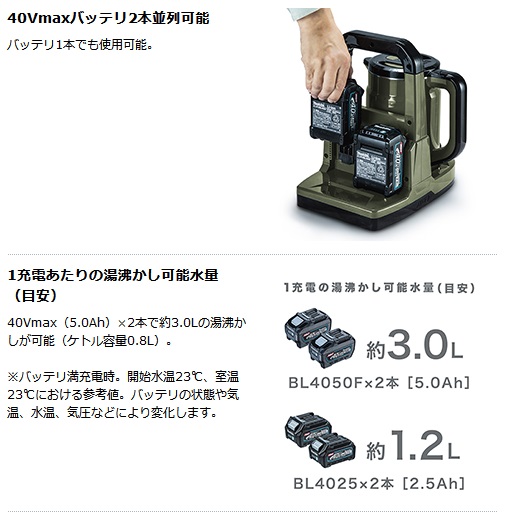 マキタ　40Vmax　充電式ケトル（オリーブ）KT001GZO　※充電池別売 Amazon.co.jp: マキタ(Makita) 充電式ケトル（オリーブ） 40Vmax