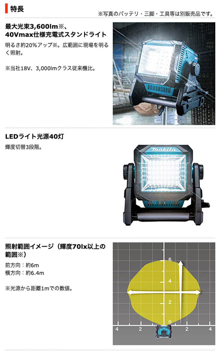 マキタ ML004G 充電式スタンドライト（14.4V/18V/40V/AC100V対応）最大3,600lm | タナカ金物『プロ』