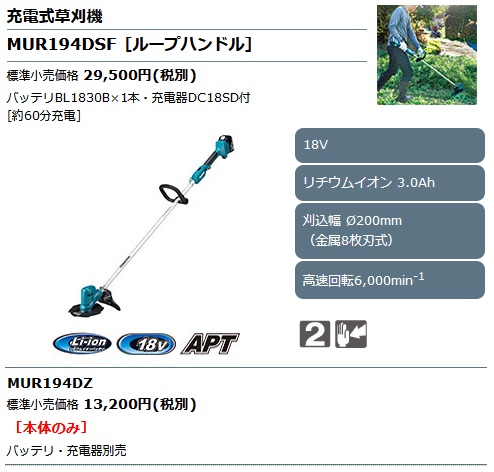 マキタ MUR194DZ 200mm充電式草刈機 (18V対応/本体のみ) (バッテリ