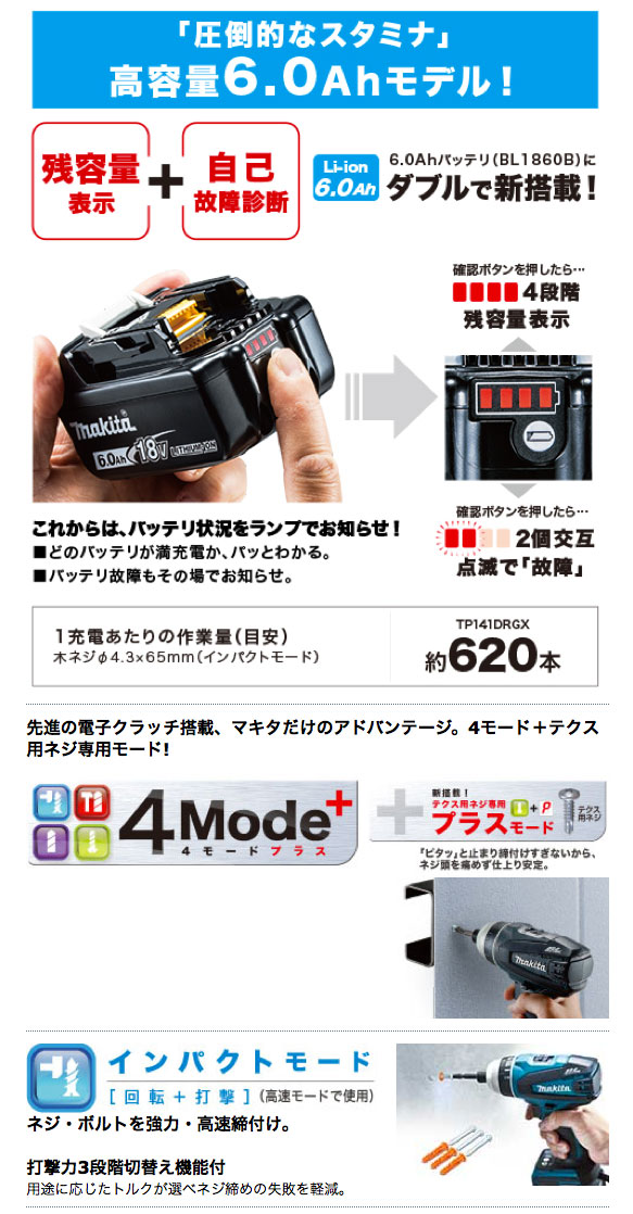 マキタ 充電式インパクトドライバ TP141DRGXB(黒) 18V/6.0Ah マキタ 充電式インパクトドライバ TP141DRGXB(黒) 18V/6.0Ah
