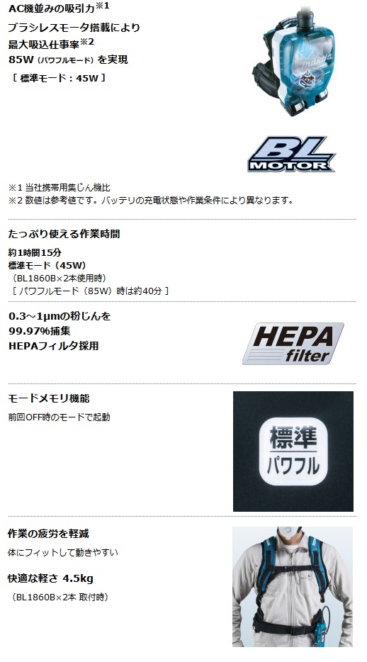 マキタ 充電式背負集じん機 VC265DZ 18V+18V対応(本体のみ：バッテリ