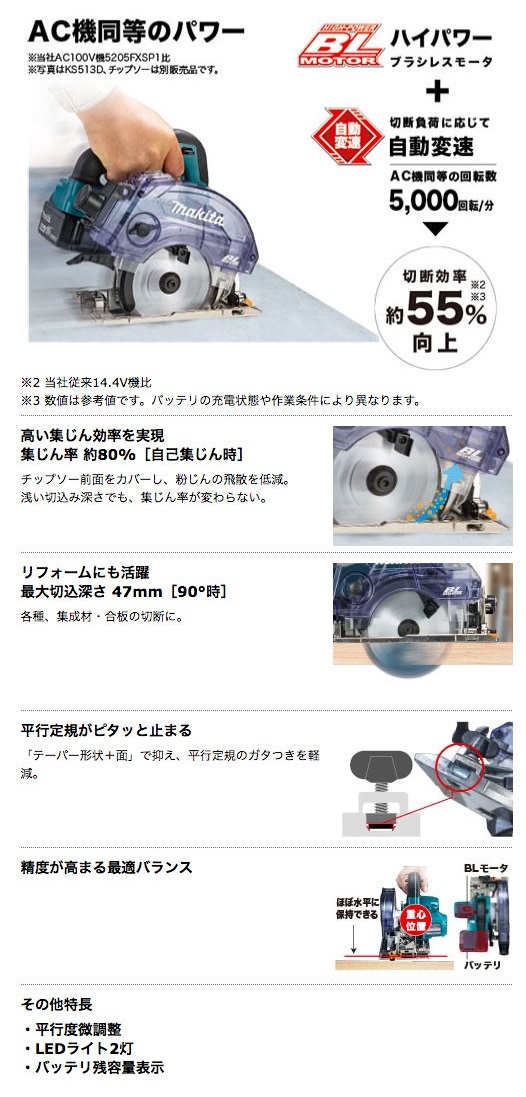 マキタ KS512DZ 充電式防じんマルノコ 125mm KS512DZ 14.4V対応【無線連動 対応】( バッテリ・充電器・ケース別売 *ワイヤレスユニット・チップソー別売) | タナカ金物『プロ』