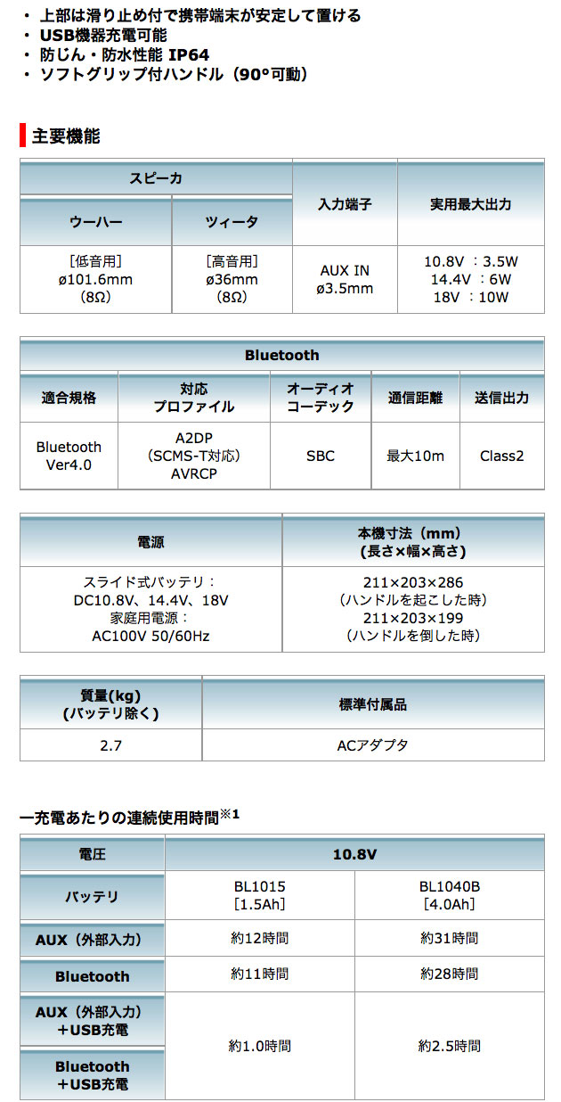 マキタ 充電式スピーカー MR200（青）10.8Vスライド/14.4V/18V