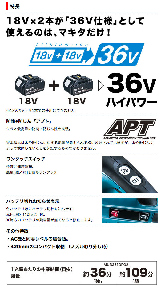 マキタ 充電式ブロワ MUB361DPG2 18V+18V/6.0Ah（バッテリBL1860B×2本