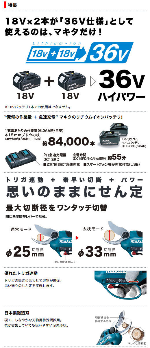 マキタ 充電式せん定ハサミ UP361DPG2 18V+18V/6.0Ah（バッテリBL1860B