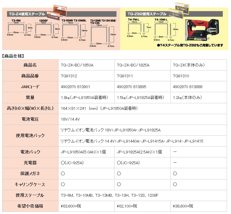 MAX 充電式タッカ TG-Z4-BC/1850A 18V(JP-L91850A(5.0Ah)・充電器