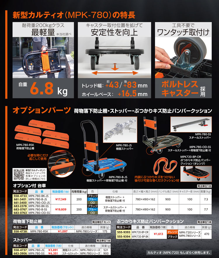 タナカ金物プロ-TRUSCO(トラスコ） MPK-780-BK 樹脂台車 カルティオ