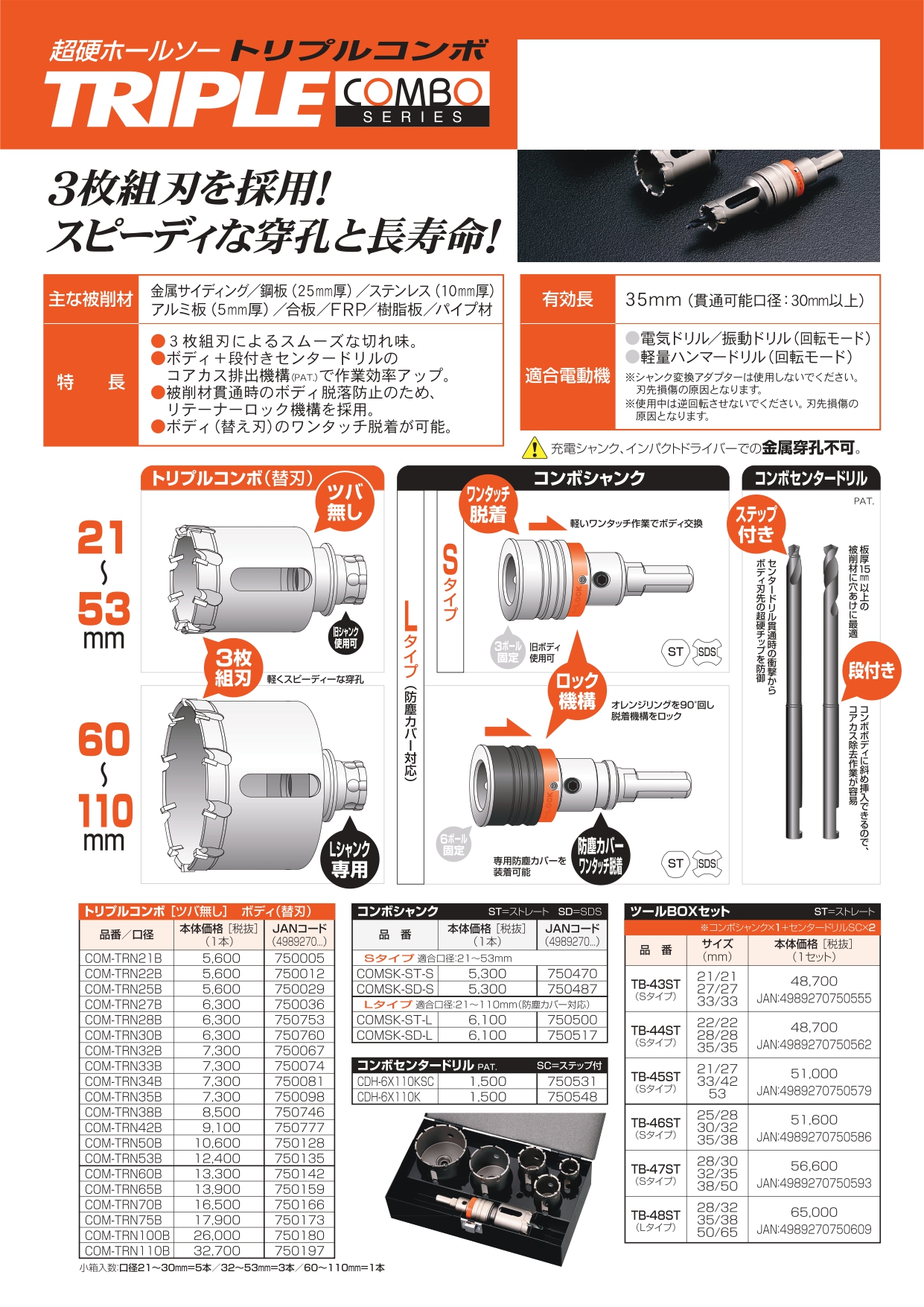 タナカ金物プロ-ユニカ 超硬ホールソー トリプルコンボ（ツバ無し